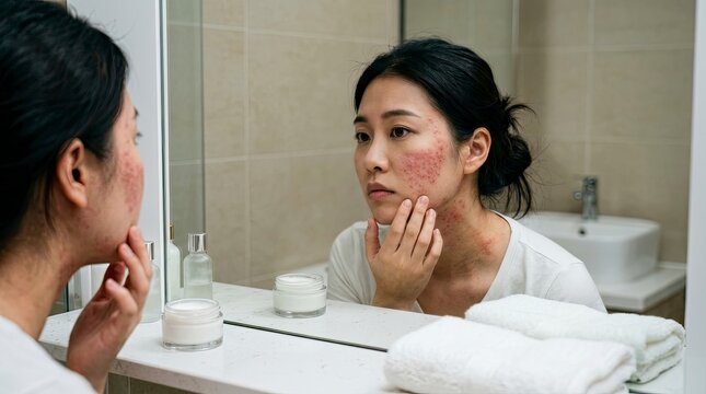 Young Asian woman looking at her face in the bathroom mirror, concerned about severe acne and skin inflammation.