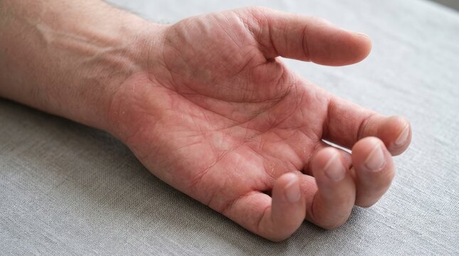 Close-up of a human hand with red skin irritation, dermatitis, or eczema on the palm