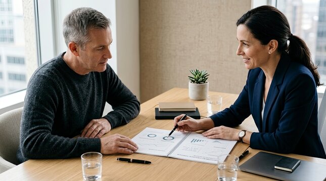 Female financial advisor explaining market trends and investment strategy to a male client in a modern high-rise office
