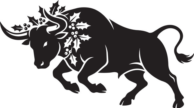 Black silhouette of a strong bull wearing a festive christmas holly wreath on its head for holiday season isolated on transparent background, Vector