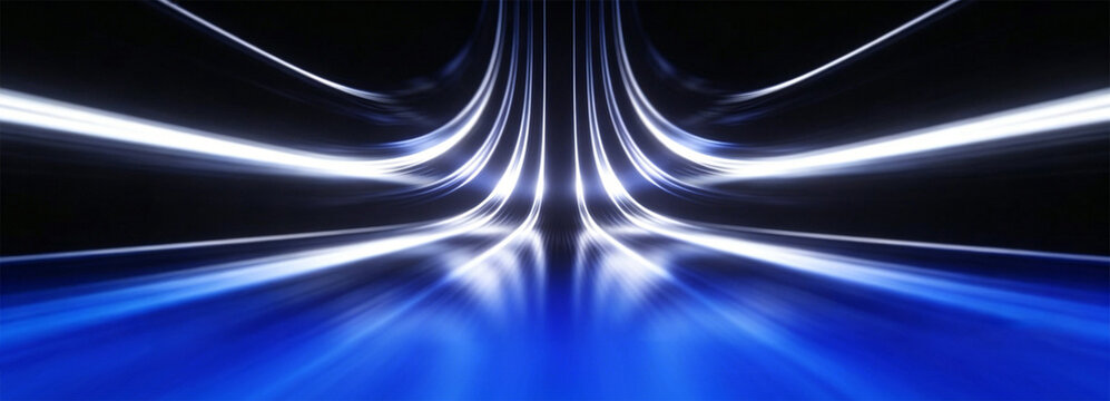 Abstract futuristic technology background with glowing blue and white light trails converging to a vanishing point.