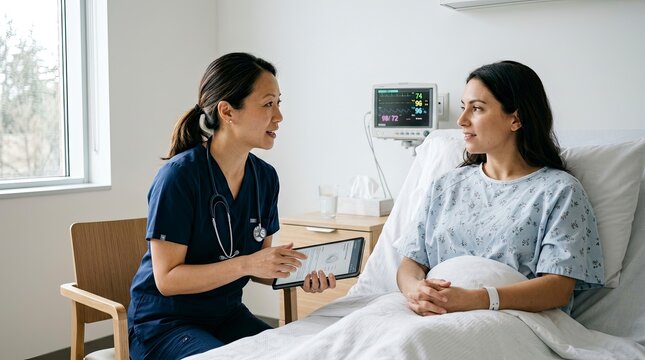 Professional Asian Female Doctor in Blue Scrubs Discussing Treatment with Patient in Hospital Bed Using Digital Tablet