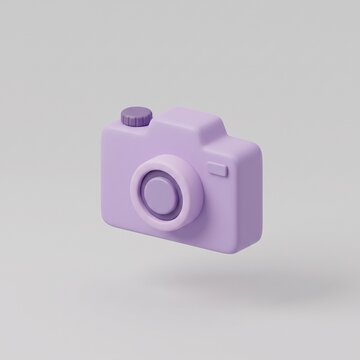 Cute pastel purple 3D clay digital camera icon floating with lens and dial shutter isolated on light grey background