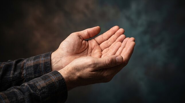 Man holds out his cupped hands in a gesture of offering, receiving, or asking for help with a dark moody background