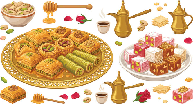 Traditional Middle Eastern Dessert Vector Set Featuring Baklava Turkish Delight Golden Coffee Pots and Pistachios for Sweet Shop and Menu Designs