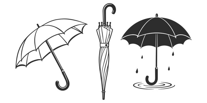 Vintage Umbrella Collection Black and White Line Art Illustration