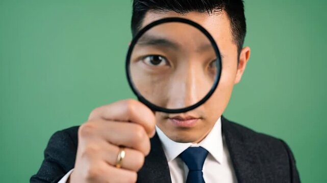 Businessman holding magnifying glass to eye against green wall