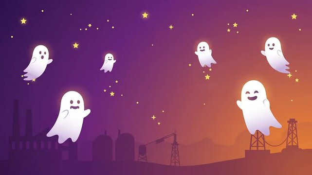 Cute friendly ghosts floating over an industrial city skyline at night