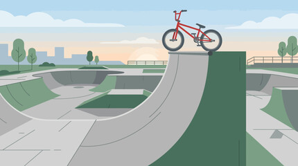 Fototapeta premium A minimalist flat design vector illustration showing a BMX bike resting on a skate park ramp, conveying a sense of calm anticipation before the action of extreme urban sports. 