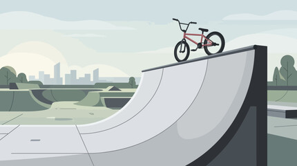Fototapeta premium A minimalist flat design vector illustration showing a BMX bike resting on a skate park ramp, conveying a sense of calm anticipation before the action of extreme urban sports. 