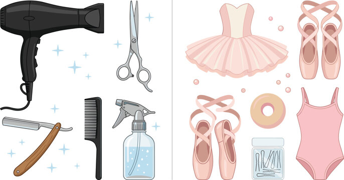 Hair Salon and Ballet Dance Vector Element Set featuring Hair Dryer Scissors Razor Comb Tutu Pointe Shoes Leotard and Bobby Pins for Career Icons