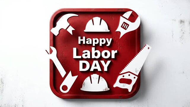 Happy labor day celebration animation featuring red plate and white construction tools
