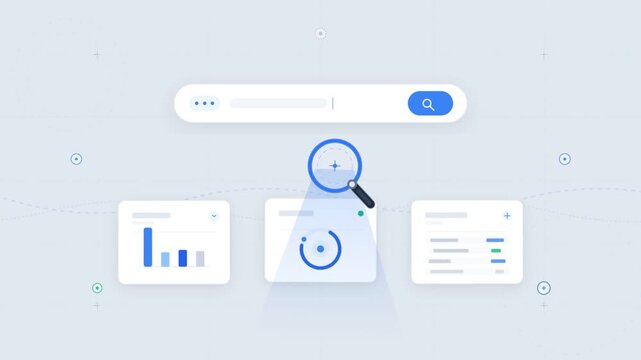Magnifying glass scanning digital search bar and business analytics charts