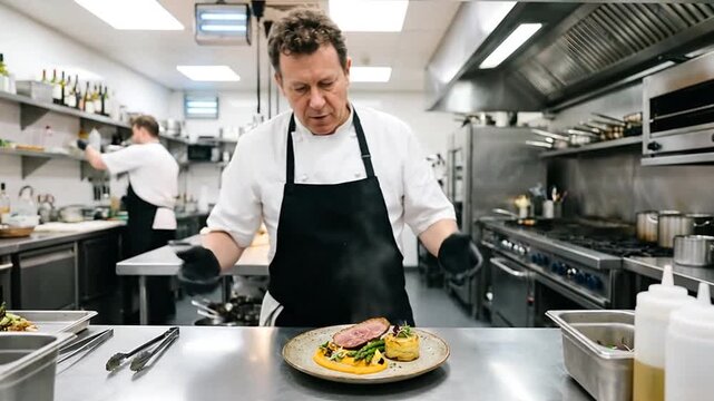 Professional chef plating gourmet dish in commercial restaurant kitchen