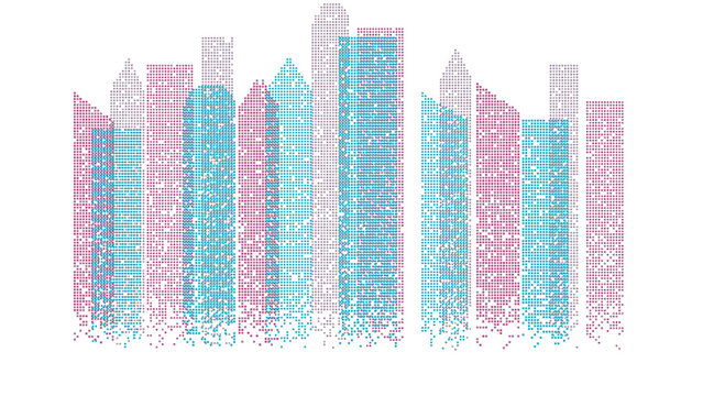 Abstract digital city skyline illustration featuring colorful skyscrapers created with small dots on white background transparent background