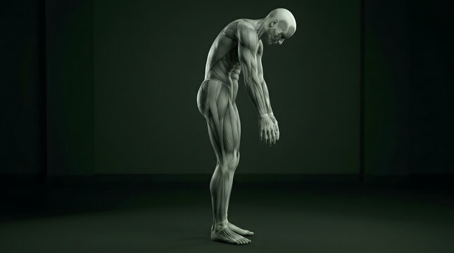 Human muscular system, standing profile ecorche anatomical model with detailed fibers, biological structure study, dark minimalist studio background, medical education and fitness marketing asset.