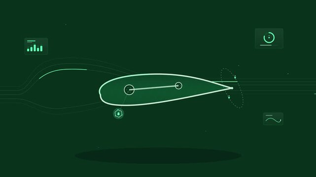 Aerodynamic airfoil wing profile analysis with digital hud data overlay and fluid dynamics simulation