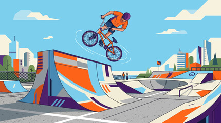 Fototapeta premium A striking flat design vector illustration showcasing a BMX rider mid-air, executing an impressive tailwhip trick over a ramp in a skate park, embodying the thrill of extreme action sports. 