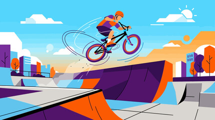 Fototapeta premium A striking flat design vector illustration showcasing a BMX rider mid-air, executing an impressive tailwhip trick over a ramp in a skate park, embodying the thrill of extreme action sports. 