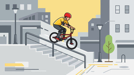 Fototapeta premium This flat design vector illustration depicts a BMX rider performing a daring grind on a street handrail, capturing the essence of street freestyle and urban adventure. 