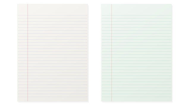Set of two empty lined notebook paper sheets with margins isolated on transparent background for school and office use transparent background
