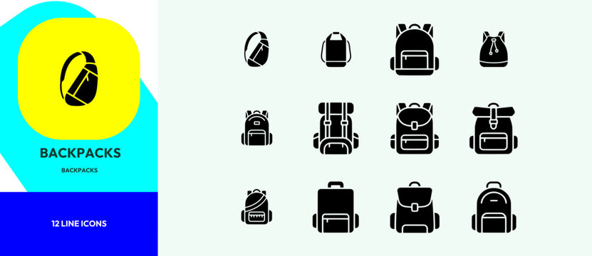 Travel Backpack And Rucksack Vector Graphic Set For School Bag Outdoor Camping Hiking Equipment Student Bookbag Crossbody Sling Pack Luggage Voyage Accessory Collection