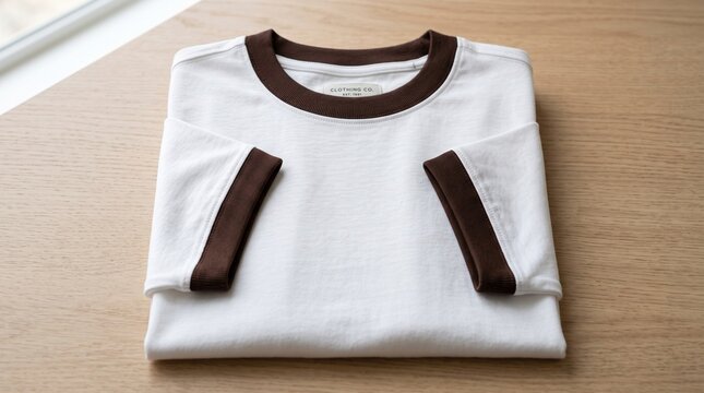 Shirt hanging on a wooden hanger against a textured neutral wall inside a minimalist room with natural light illuminating the plain white fabric and contrasting brown collar detail nicely.
