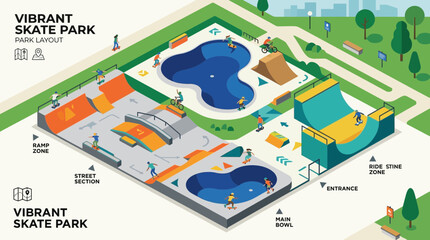 Fototapeta premium An engaging flat design vector illustration presents an aerial, isometric view of a bustling skate park, showcasing various athletes enjoying skateboarding, BMX, and roller sports. 