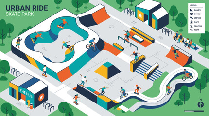 Fototapeta premium An engaging flat design vector illustration presents an aerial, isometric view of a bustling skate park, showcasing various athletes enjoying skateboarding, BMX, and roller sports. 