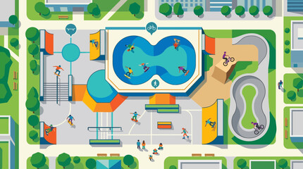 Fototapeta premium An engaging flat design vector illustration presents an aerial, isometric view of a bustling skate park, showcasing various athletes enjoying skateboarding, BMX, and roller sports. 