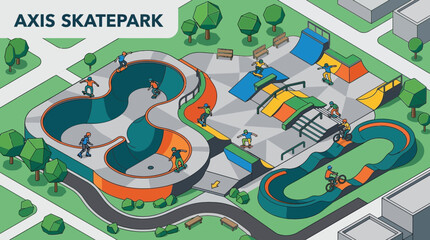Fototapeta premium An engaging flat design vector illustration presents an aerial, isometric view of a bustling skate park, showcasing various athletes enjoying skateboarding, BMX, and roller sports. 