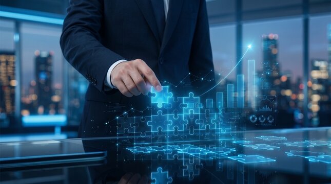 Digital business construction and structural framework concept with executive hand assembling glowing blue holographic puzzle pieces and financial data graph