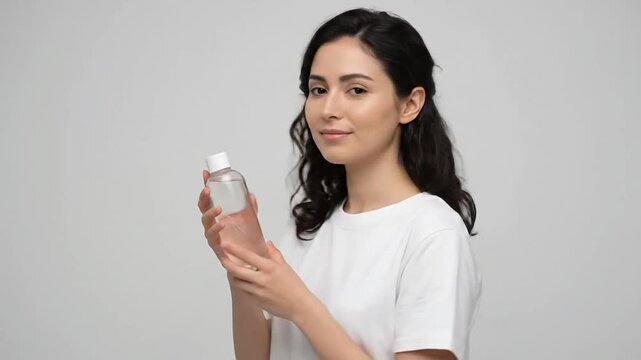 Young woman holding cosmetic bottle skincare routine in studio