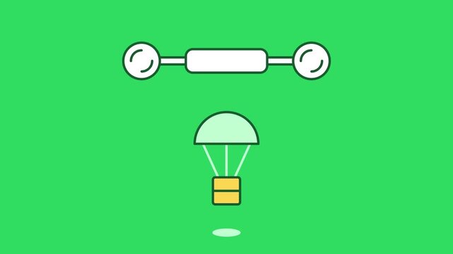 Drone delivery animation: package dropping with parachute on green screen logistics shipping
