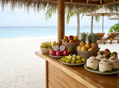 Fresh tropical fruit display on a wooden bar at a sunny beach resort. beachside fruit stand