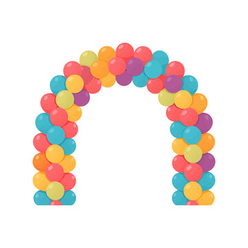 Colorful balloon arch made of bright party balloons for festive celebrations and birthday events isolated on transparent background, Vector