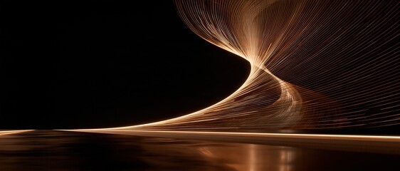 Fototapeta premium Abstract dynamic glowing curved tunnel made of thin parallel golden light lines on dark black reflective background shows futuristic motion speed and energy concept
