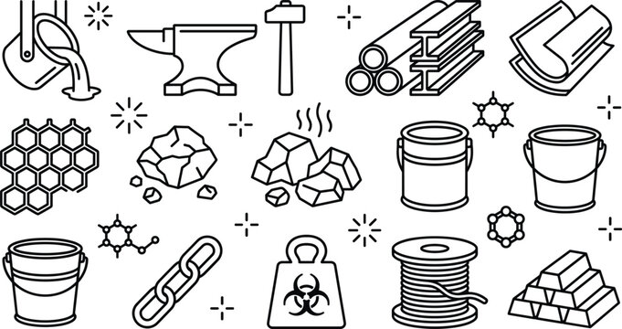 Heavy industry raw materials and metallurgy line icon set vector illustration featuring steel anvil coal gold bucket ore