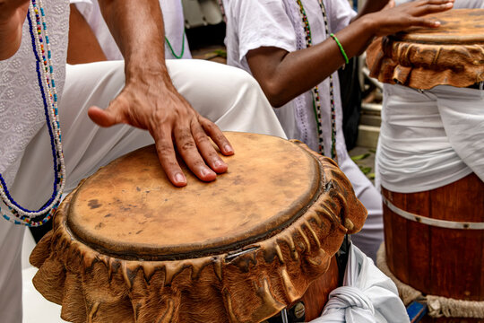 Afro drums known as atabaques during an Umbanda street celebration.