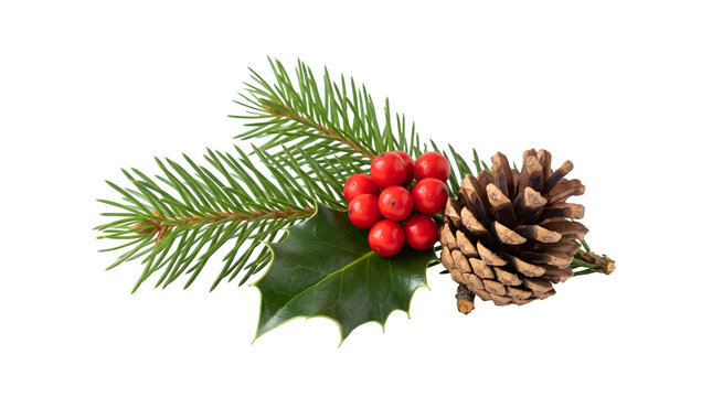 Christmas evergreen branch with holly berries and a pine cone christmas greenery fir branch christmas decor winter foliage holiday ornament seasonal decoration
