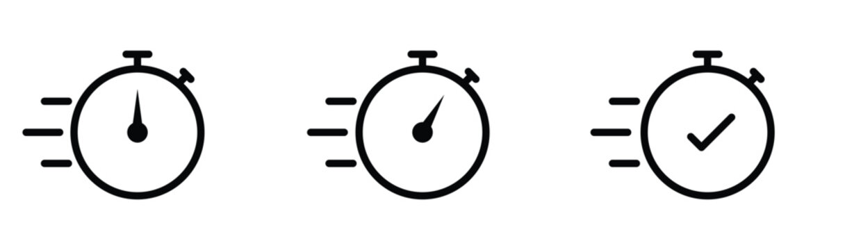 Time fast approval check mark stopwatch icon set vector. Quick verification and completed task symbols for web and mobile.