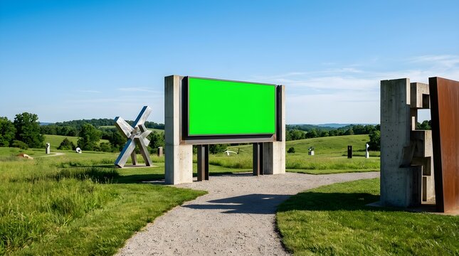 Blank green screen billboard mockup in an outdoor art park with modern concrete sculptures and green hills under a blue sky