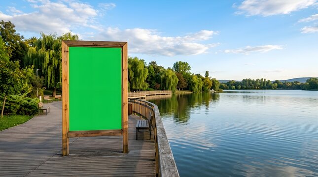 Blank Green Screen Billboard Mockup on Wooden Boardwalk by Lake in Beautiful City Park