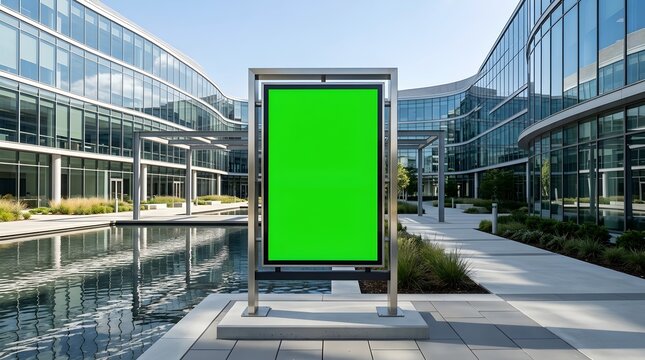 Modern Outdoor Digital Signage with Green Screen Mockup in Corporate Business District
