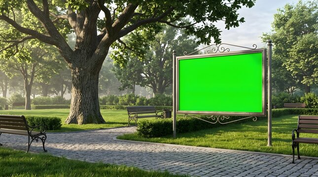 Chroma key green screen billboard in a scenic public park with lush trees and stone pathways