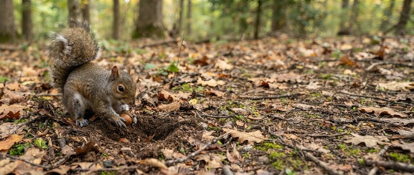 Gray squirrel burying an acorn on forest floor