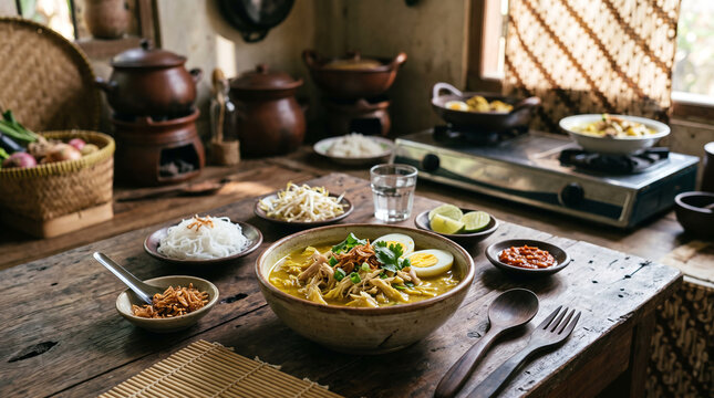 Traditional Indonesian soto ayam presented with authentic ingredients and rustic kitchen elements, representing local culinary heritage and food culture