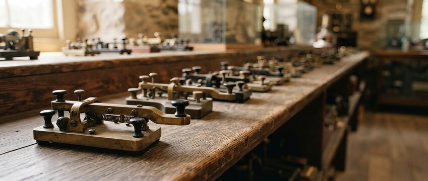 Row of antique telegraph keys on a wooden workbench