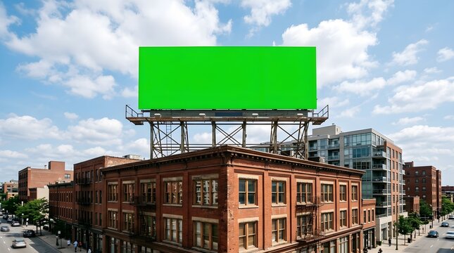 Large green screen billboard on top of a brick building with city buildings in the background under a cloudy sky