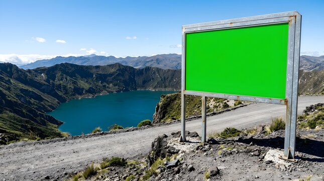 Greenscreen billboard on a mountain road overlooking a volcanic lake, surrounded by majestic peaks under clear blue skies, perfect for outdoor advertising